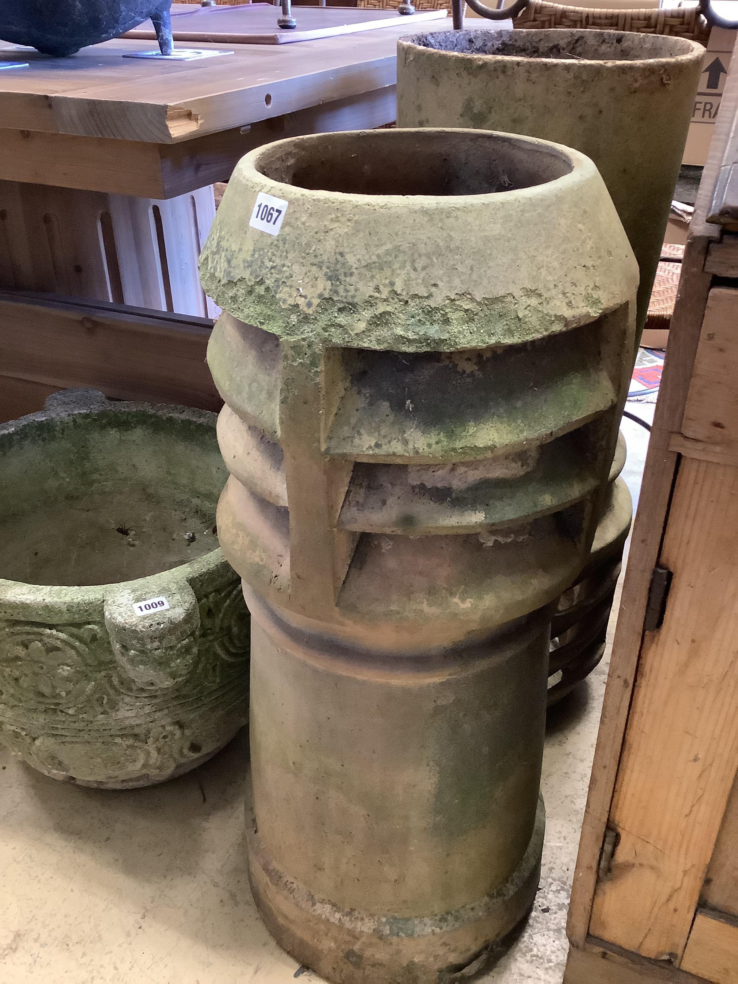 Two vintage earthenware chimney pots, larger 82cm high
